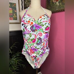 Anne Cole Fleetwood Floral Print Twist Bandeau One-Piece Swimsuit Sz 16
